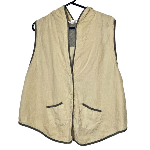 Kleen Beige 100% Linen Hooded‎ Vest With Pockets Womens L - Picture 1 of 9